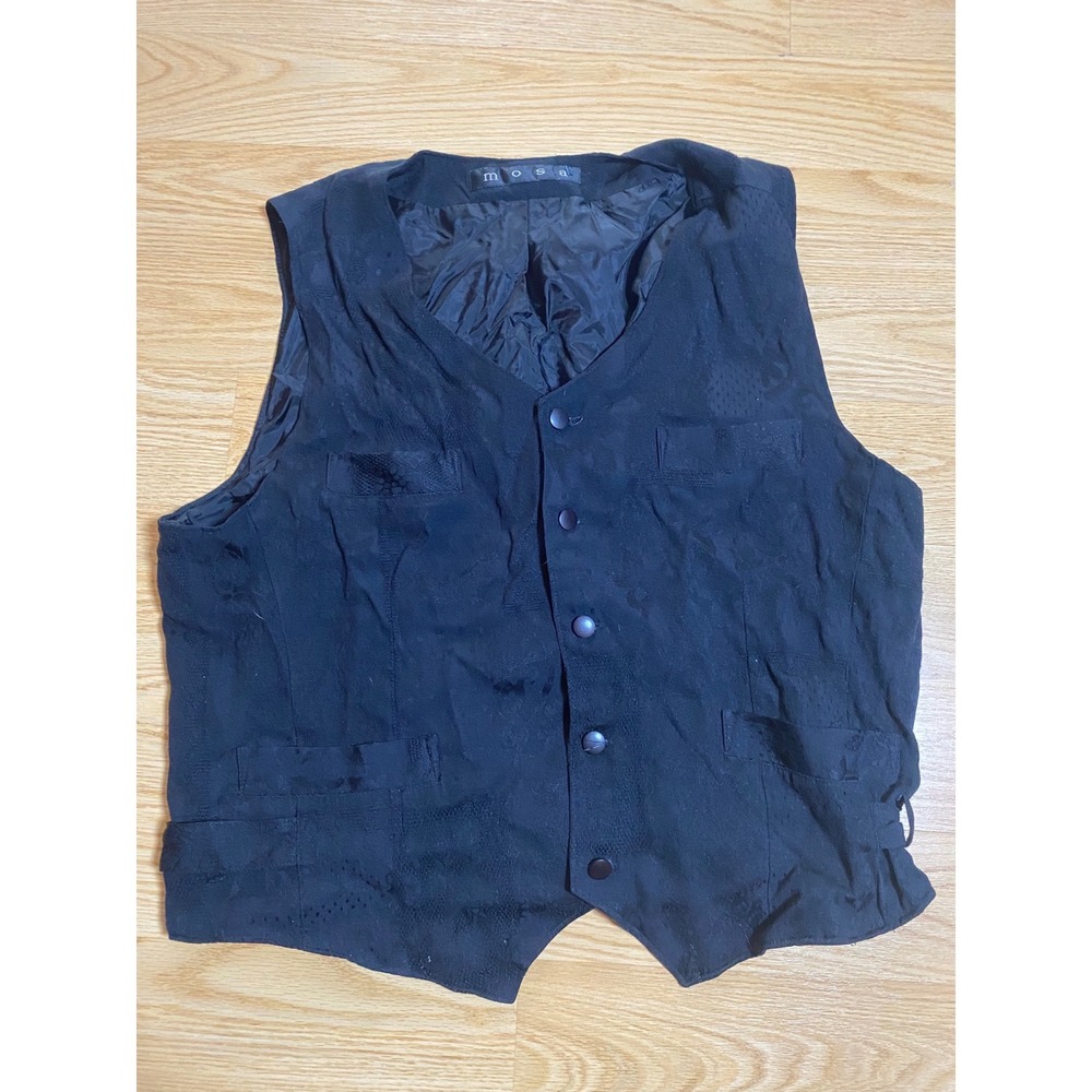 Mosa Mens Black Jacquard Button Up Vest Waistcoat Adjustable Back Size XL